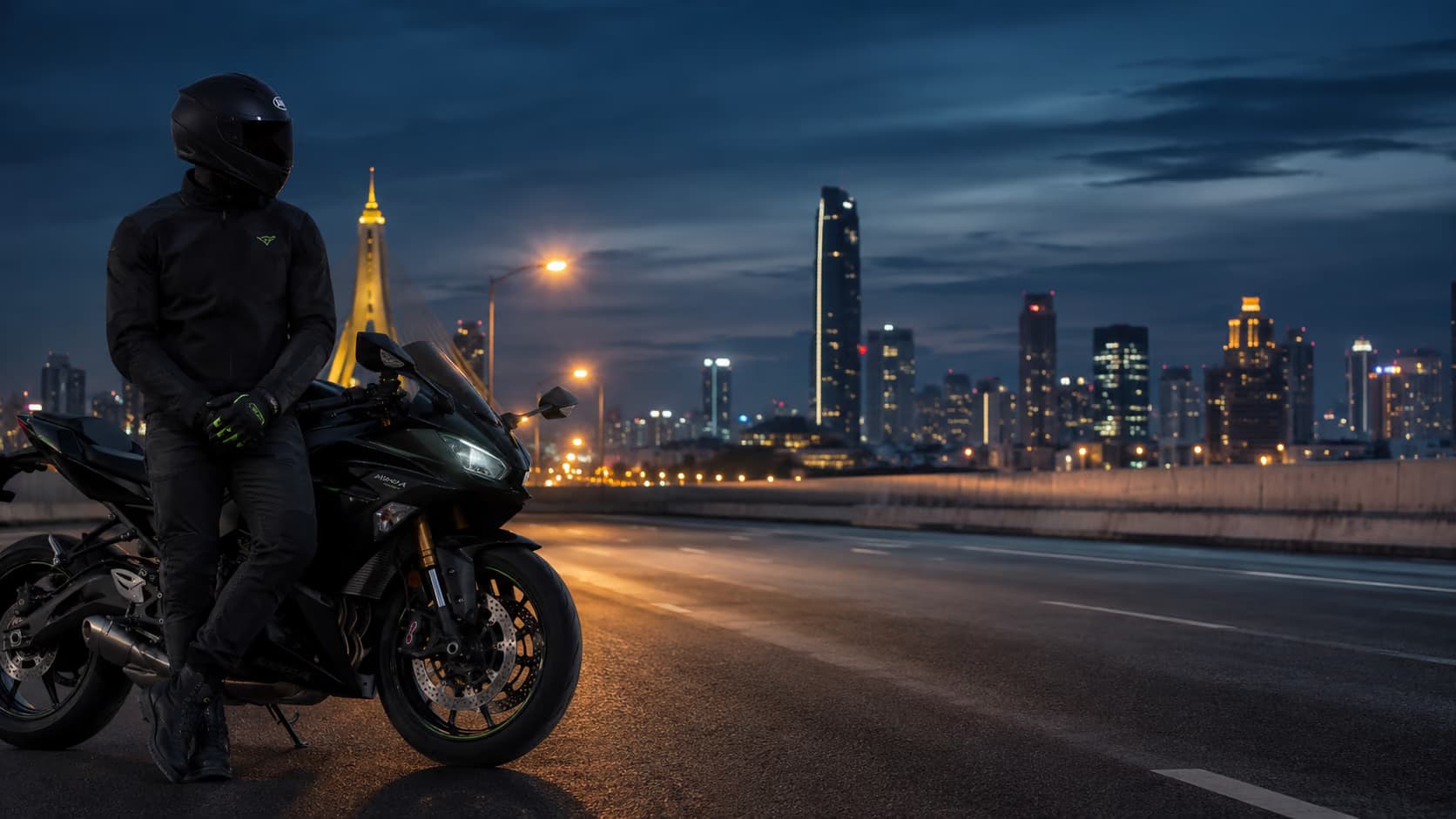 Rider wearing premium protective gear and a helmet on a motorcycle